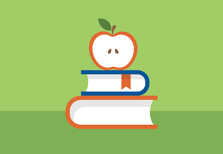 Graphic of two books stacked with half an apple on top