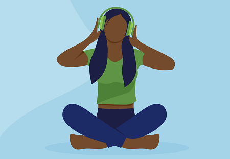 Graphic of a black female teen sitting crossed legged on the floor with headphones on and both hands over each ear